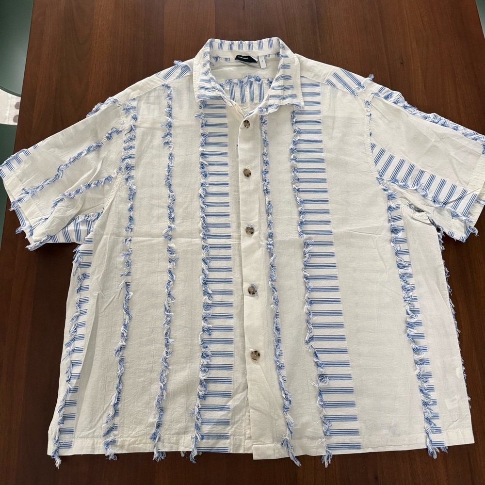 ASOS Men's White and Blue Multi Striped Short Sleeve Shirt with Raw Edge Fringe